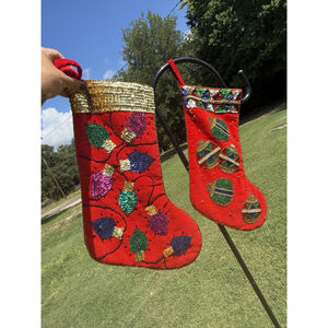 Christmas Stockings Colorful Beaded Sequins Vintage Set Of 2 Ornaments & Lights